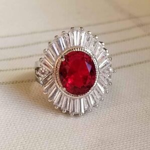 New 925 Silver Oval Cut Ruby Baguette Diamond Ring for Women
